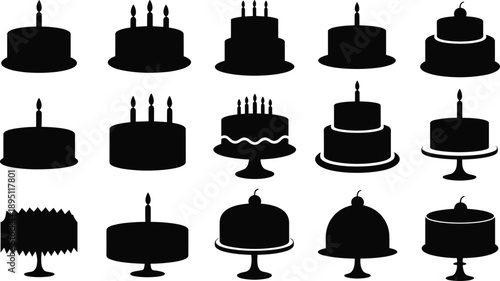 Birthday cake icons silhouette set, party celebration cakes, candles on cakes vector, black dessert symbol, layered cake graphic design