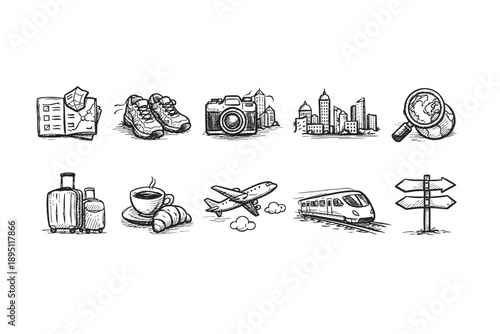 Travel and tourism sketch icon set. Vacation, transportation, sightseeing hand-drawn icons.