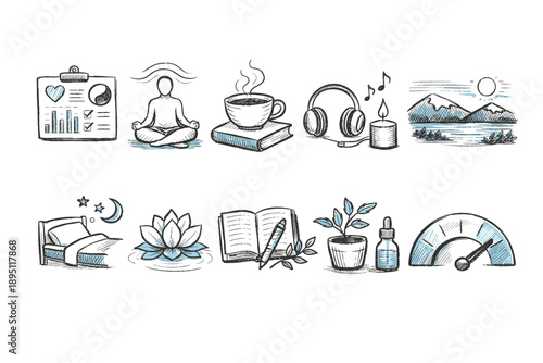 Wellness, relaxation outline icon set. Meditation, nature, calm symbols collection