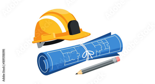 Architectural House Blueprints and Hard Hat Vector