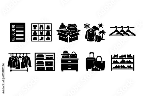 Wardrobe management silhouette icon set: clothing, storage, seasonal organization icons