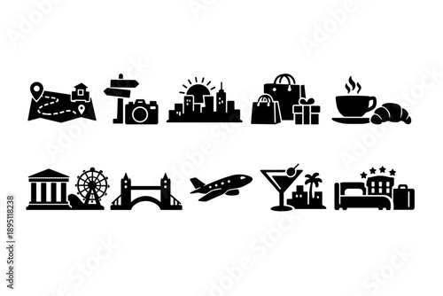 Travel, tourism silhouette icon set. Vacation and holiday icons collection