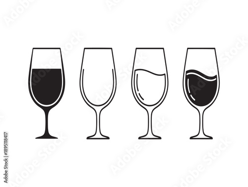 Four wine glasses with varying levels of red wine in a simple black and white illustration
