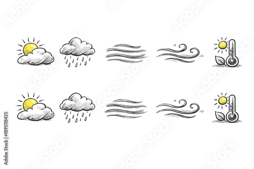 Weather sketch icon set featuring sun, clouds, and wind in outline style.
