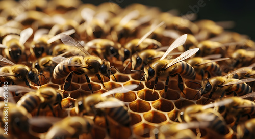 Wallpaper Mural Cinematic close-up of honeybees swarming over a raw honeycomb in a forest, warm golden tones, shallow depth of field, dramatic lighting, detailed wings and textures, organic and natural composition, 8 Torontodigital.ca