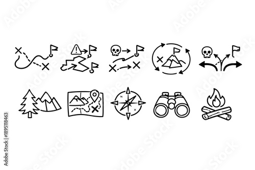 Adventure and navigation outline icon set for maps and hiking