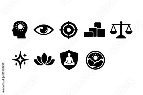 Meditation and wellness silhouette icon set. Mindfulness, chakra, balance icons collection.