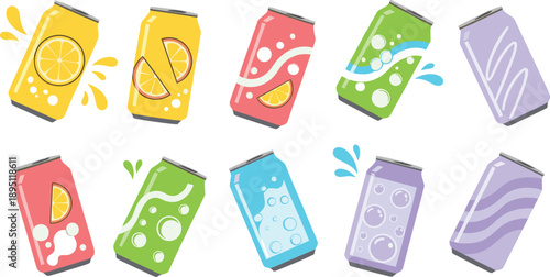 Cute tilted soda cans with splash effects and fruit flavors flat vector illustration set
