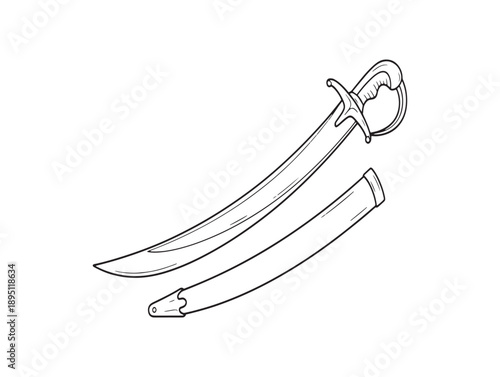 Vintage sketch of a curved saber sword with ornate hilt and scabbard isolated on white background