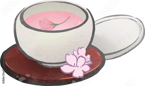 桜茶と湯呑みの和風イラスト