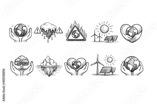 Environment, sustainability hand-drawn icon set. Earth, nature, renewable icons outline style