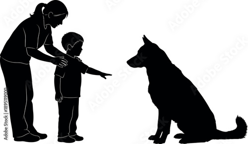 Silhouette of Mother and Son Meeting a German Shepherd Dog; Canis lupus familiaris Pet Interaction.