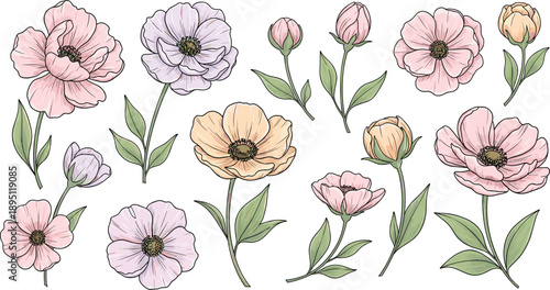 Colorful flowers in pastel shades pink peach purple