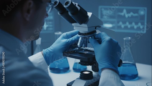 Scientist in Lab Coat Adjusting Microscope with Blue Gloves and Blue Liquid in Flasks on White Table in Blue Light