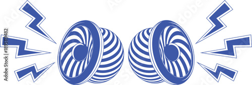 Two blue speakers emitting lightning bolts sound music