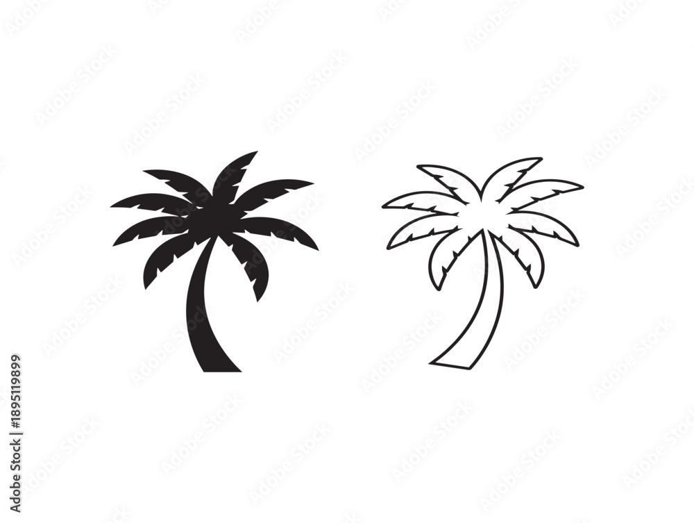 Fototapeta premium Two hand drawn tropical palm tree silhouettes in black and white simple botanical illustration