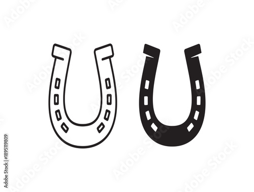 Two hand drawn horseshoe illustrations in different styles black and white sketch for western or farm themes