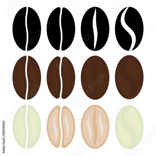 Coffee bean vector icon set. Roasted, raw, and black silhouette icons for cafe and branding, coffee shop logos, product packaging design