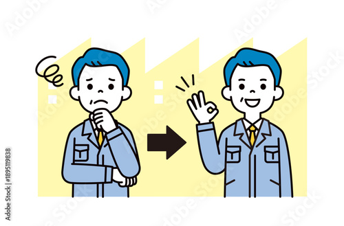 問題が解決して喜ぶ、中小企業の社長・経営者・工場長のシンプルなベクターイラスト素材セット
