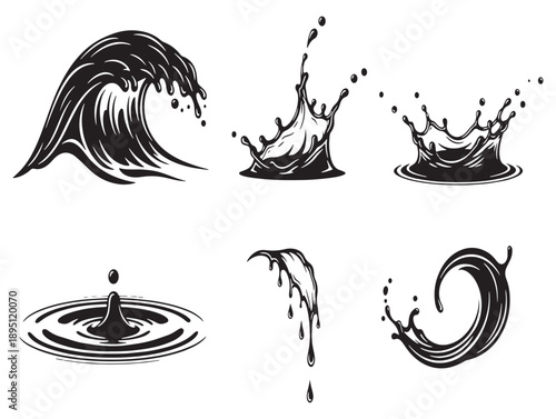 Dramatic black and white ink illustrations of crashing waves and water splashes in various forms