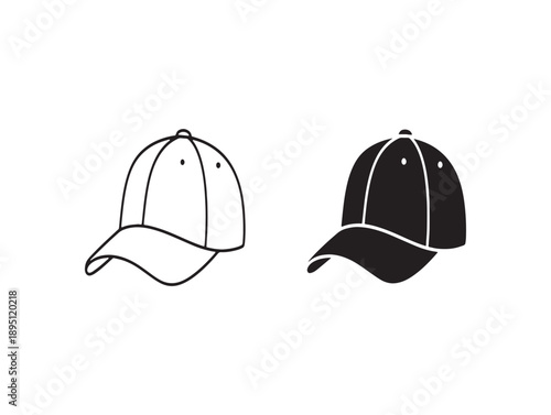 Two baseball caps illustrations in black and white showing different shading styles and perspectives