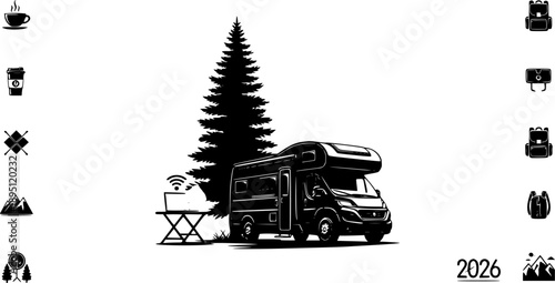 Camper Van and Mobile Office Silhouette Vector, Digital Nomad Lifestyle and Remote Work Travel Graphic, Outdoor Camping and Van Life Adventure Illustration