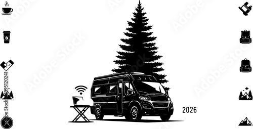 Camper Van and Mobile Office Silhouette Vector, Digital Nomad Lifestyle and Remote Work Travel Graphic, Outdoor Camping and Van Life Adventure Illustration