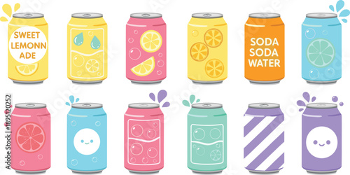 Cute colorful soda and lemonade cans with fruit patterns flat vector illustration set