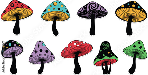 Colorful psychedelic mushroom silhouettes with decorative patterns cartoon vector illustration set