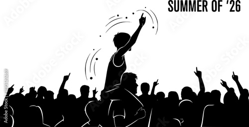 Music Festival Crowd and Person on Shoulders Silhouette Vector, Live Concert Performance and Summer Event Celebration Graphic, Party Energy Illustration