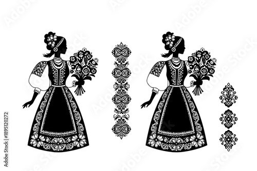 Stylized Folk Woman with Flowers Silhouette Vector, Elemental Folk Art Heritage Design, Modern Traditional Ethnic Illustration for Cultural Branding