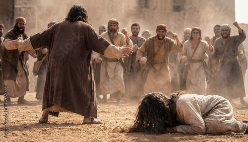 Jesus Christ protecting Magdalene from angry mob in biblical scene. Religious story of mercy and forgiveness from New Testament. Dramatic historical event with people wearing ancient robes in desert.