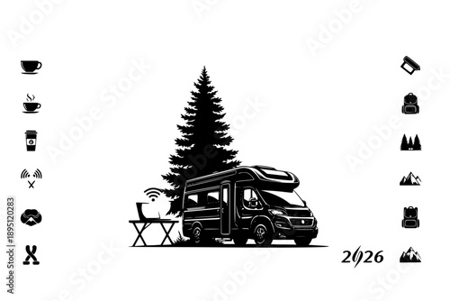 Camper Van and Mobile Office Silhouette Vector, Digital Nomad Lifestyle and Remote Work Travel Graphic, Outdoor Camping and Van Life Adventure Illustration