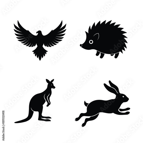Diverse animal silhouettes eagle hedgehog kangaroo rabbit