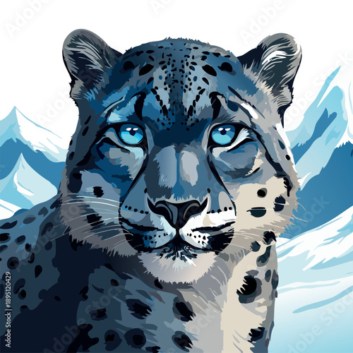 A black snow leopard with predatory, bewitching blue eyes, sneaking, a spectacular pose of a predator against the backdrop of mountainous terrain