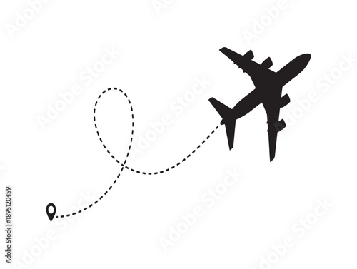 Travel route concept with an airplane silhouette and dotted line connecting map pins