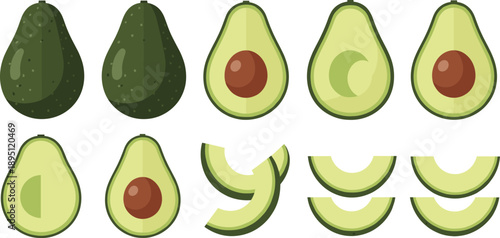 Fresh avocado whole halves and slices collection flat vector illustration set for healthy food design