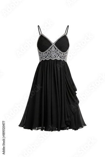 Black evening dress with silver beading isolated on transparent background