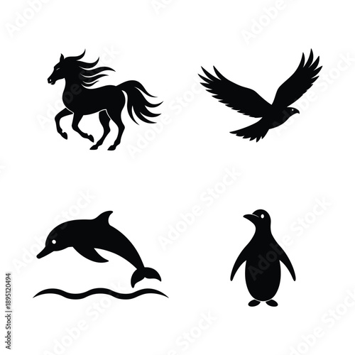Dynamic animal silhouettes horse eagle dolphin penguin