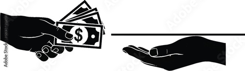Black silhouette of one hand paying money to another outstretched hand on transparent background