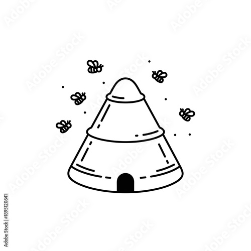 black and white bee hive icon simple line art nature beekeeping illustration minimalistic design honeycomb concept agriculture environment apiary