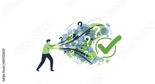 Vector illustration of person pulling questions into a green checkmark