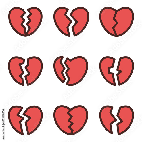 Set of broken heart icons. Flat-style icons on the theme of lost love.