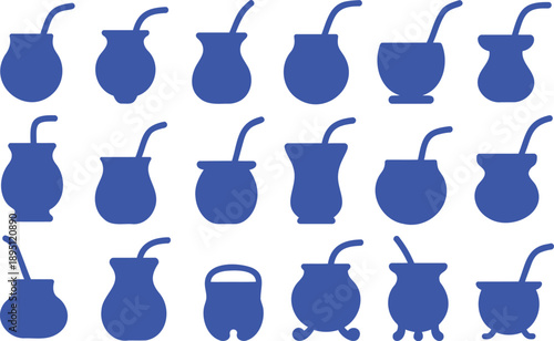 Collection of blue mate gourds with straws drink beverage