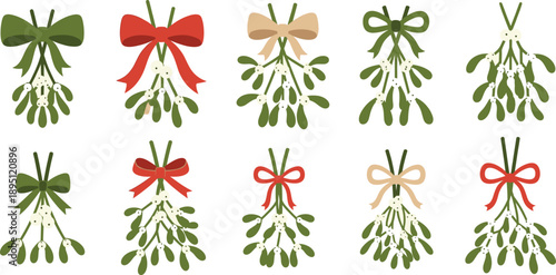 Christmas mistletoe branches with decorative bows collection festive flat vector illustration set