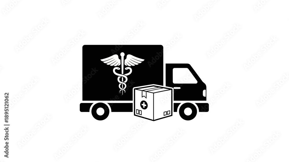 Fototapeta premium Medical Delivery Truck with Caduceus Symbol and Box