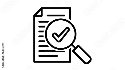 Magnifying glass over document with checkmark, symbol for inspection, analysis, and verification
