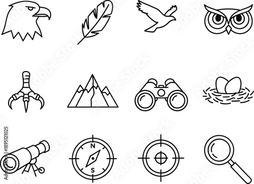 A collection of line art icons representing birdwatching, nature exploration, and observation tools