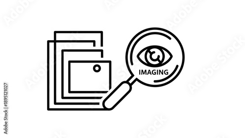Magnifying glass with eye and text "IMAGING" over stack of papers, conceptual icon for search