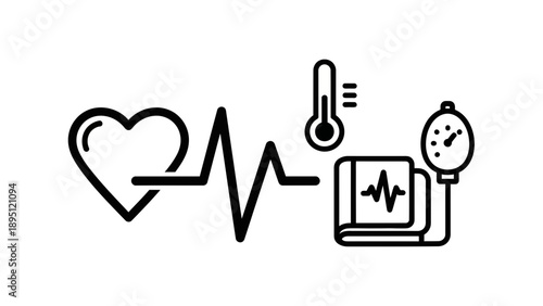 Medical Icons: Heartbeat, Thermometer, Blood Pressure Monitor, Health Checkup